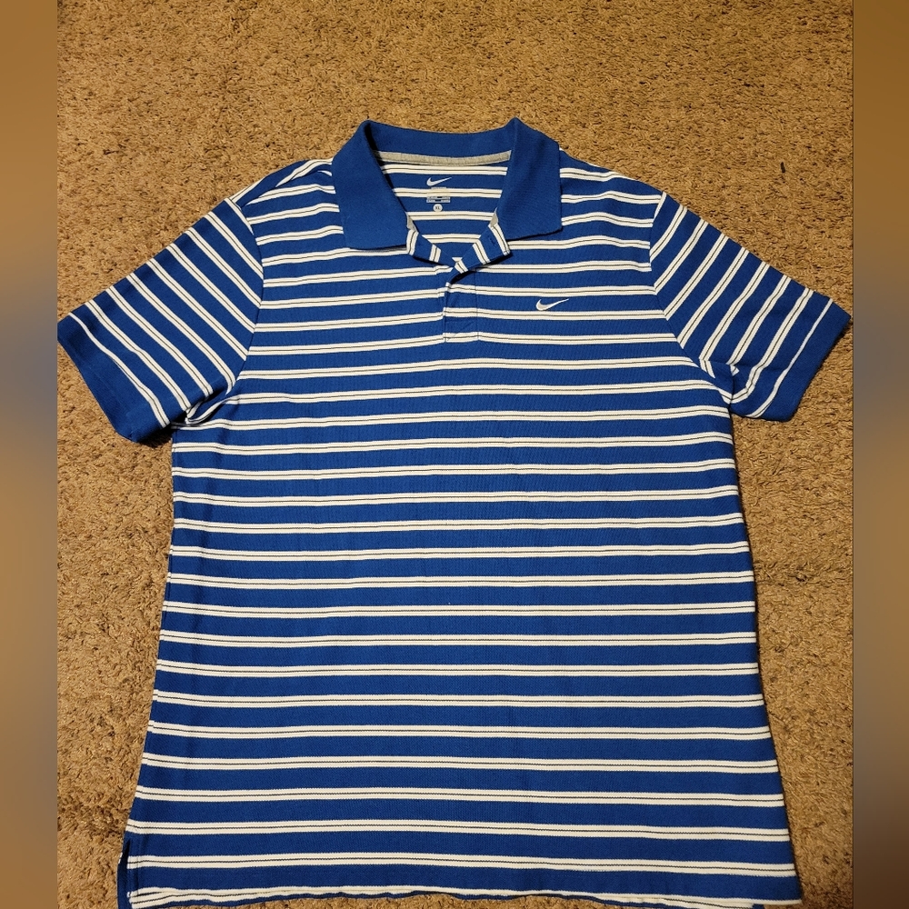 Nike Blue With White Stripes Short Sleeve Polo Shirt Mens XL